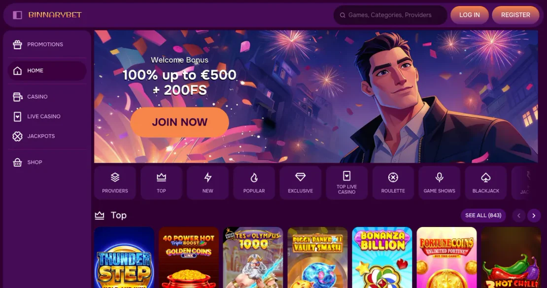 Casino-Lobby von binnarybet.com: Slots auf der Startseite