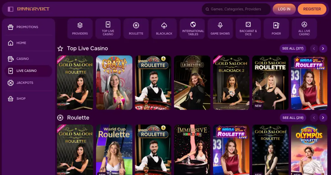 Live-Casino-Bereich von binnarybet.com